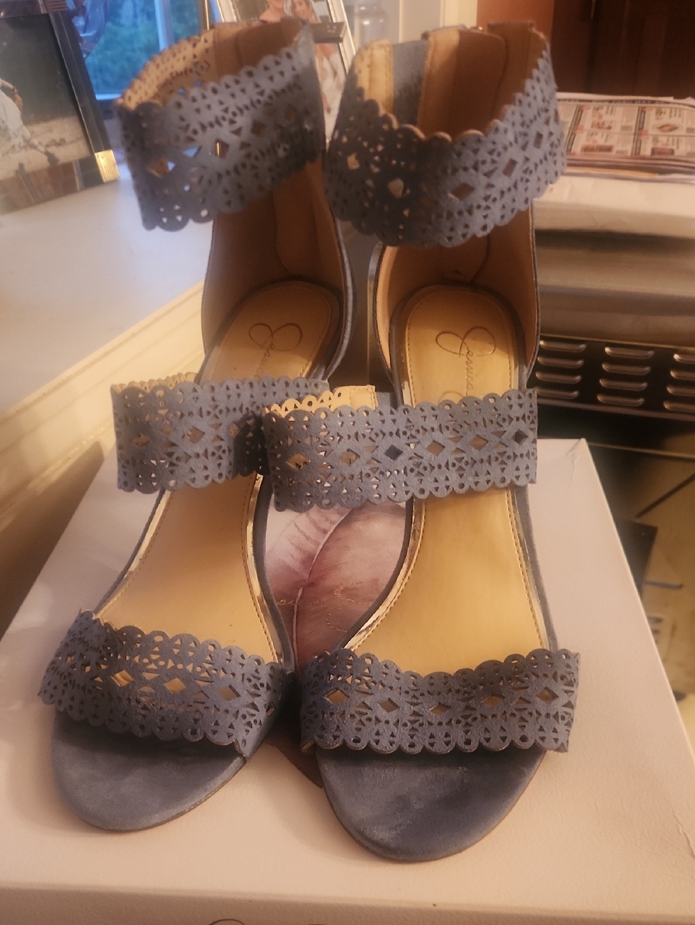 Jessica Simpson Laser-Cut Denim Blue Ankle Strap Heels